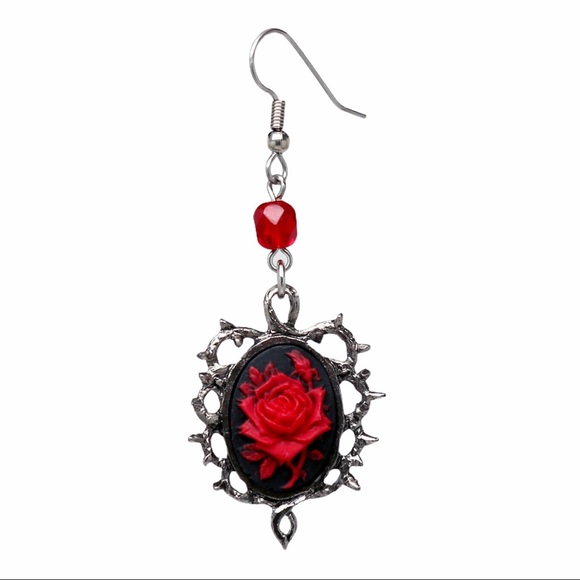 Red Rose w/ Thorns Dangle Earrings Gothic Vampire - Picture 4 of 6